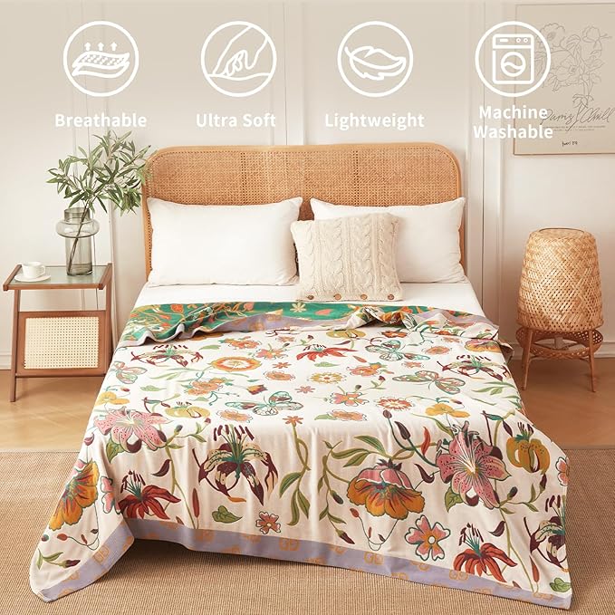Floral Throw Blanket Pure Cotton Ultra Soft Lightweight Blanket Reversible Farmhouse Blankets Reversible Rustic Throw for Sofa Couch (60"x80",05-Butterfly and Flower)-Ruum Studio Home