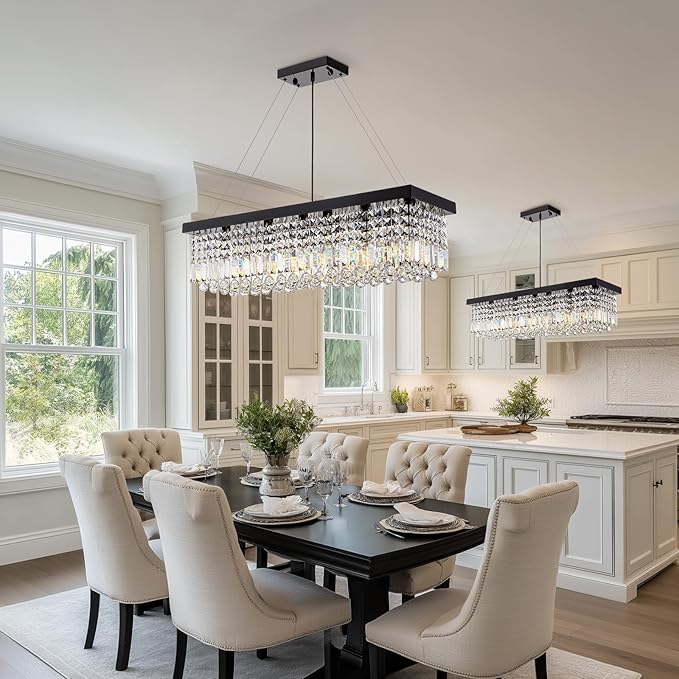 Rectangle K9 Crystal Chandelier,Rectangular Contemporary Pendant Light Fixture,Black Modern Crystal Chandeliers for Dining Room Kitchen Island L31.5''xW10''xH10''-Ruum Studio Home