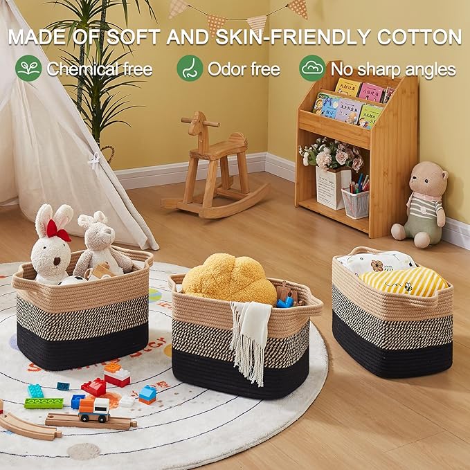 OIAHOMY Storage Basket, Woven Baskets for Storage, Cotton Rope Basket for toys,Towel Baskets for Bathroom - Pack of 3, Black & Brown-Ruum Studio Home