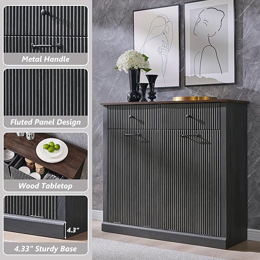 Modern Double Tilt-Out Trash Cabinet, 20 Gallon Fluted Laundry Hamper Cabinet with 2 Drawers, Wooden Hidden Garbage Can Cabinet with Storage Basket, Free Standing for Kitchen & Living Room, Grey-Ruum Studio Home