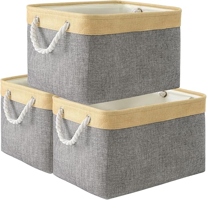 TheWarmHome Storage Basket for Organizing - Fabric Large Cubes 3 Pack 16x12x12 inch Baskets, Cube Storage Bin for Shelves Organizer Closet Cloth Gift Toy (Gold & Grey)-Ruum Studio Home