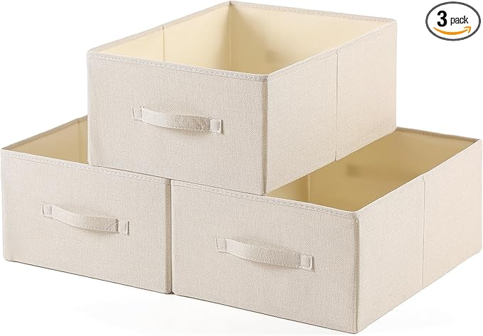 Linen Folding Storage Bins, 3 Pack Large Storage Baskets, Washable, Clothing Storage Bins with Handle, Closet Organizer for Storage Sweater,Sheets(Beige, 18½"x13½"x8½")-Ruum Studio Home