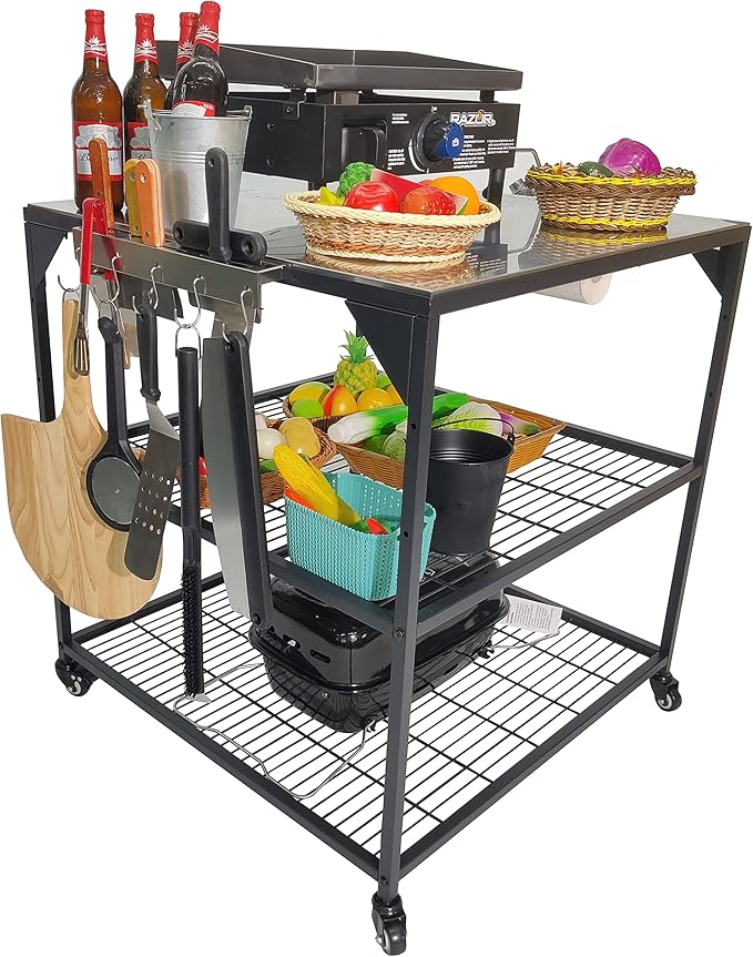 Stainless Steel 3-Tier Mobile Cart for Outdoor Grills & Pizza Ovens-Ruum Studio Home