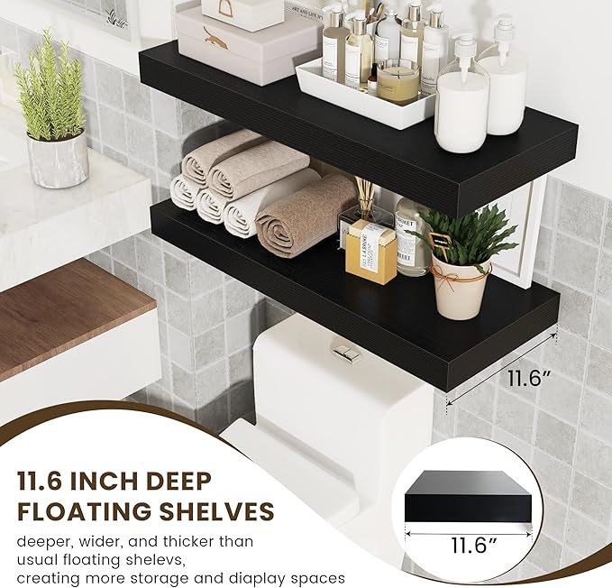 Deep Floating Shelves for Wall | 30W x 12D Black Floating Shelves Set of 2 | 12 Inch Deep Wall Shelves for Living Room Bathroom Laundry Room Bedroom Kitchen Home Office - Black-Ruum Studio Home