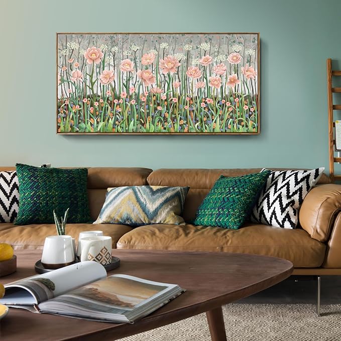 amatop Framed Large Floral Wall Art Modern Botanical Canvas Print Flower Field Wall Decor Abstract Landscape Picture Blooming Flower Forest Pink Green Artwork for Living Room Bedroom Office 48x24 in-Ruum Studio Home