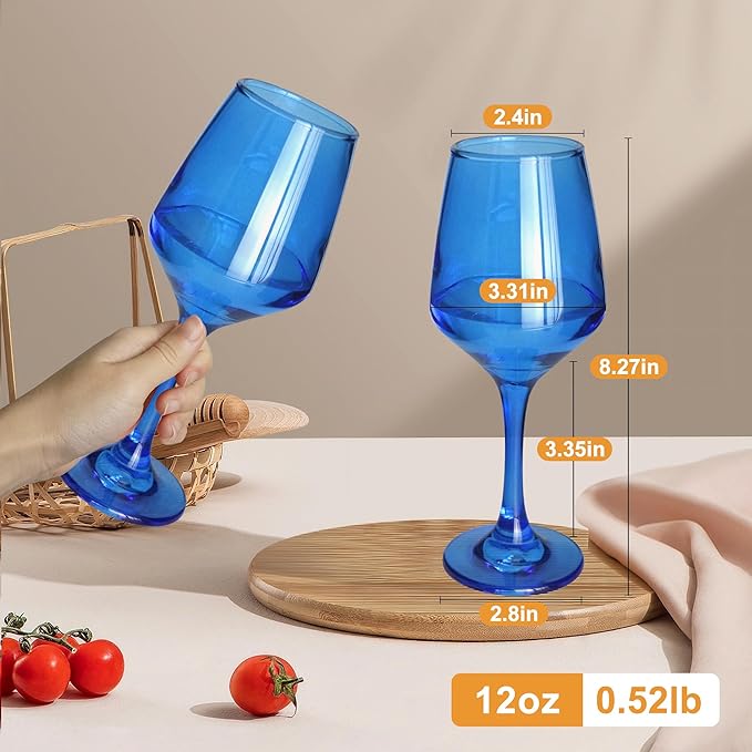 Blue Wine Glasses Set of 6-12oz Blue Long Stem Wine Glass Cups, Pretty Crystal Glassware, Hand Blown Goblets Drinkware, Unique Drinking Stemware Holiday Gift Set-Ruum Studio Home