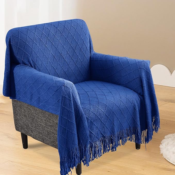 inhand Knit Klein Blue Throw Blanket for Couch, Soft Living Room Home Decor Knitted Twin Size Blanket, Outdoor Lightweight Breathable Summer Blanket, Farmhouse Warm Woven Decorative, 60"x80"-Ruum Studio Home