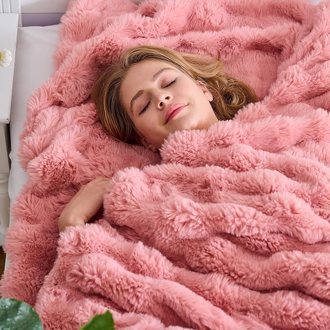 Lotus Karen Faux Fur Blanket Old Pink - Big Bubble Rabbit Fluff King Blankets for The Bed, Large Fluffy Fuzzy Cozy Blanket, Thick Furry Plush Shaggy Blankets, 108x90 Inches-Ruum Studio Home