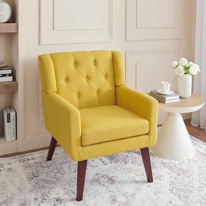 Accent Chair Button-Tufted Upholstered Living Room Chairs Comfy Reading Chair Mid Century Modern Chair with Linen Fabric Lounge Arm Chairs for Living Room Bedroom (Yellow Set of 2)-Ruum Studio Home
