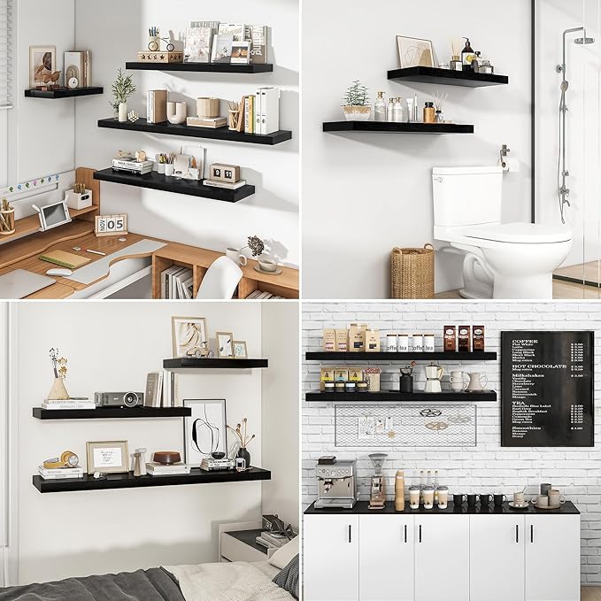 RICHFOCUS 36Inch Floating Shelves for Wall 2 Pack Shelves for Bedroom|Kitchen|Bathroom Wall Mounted Rustic Wood Floating Shelf with Invisible Brackets for Books|Storage|Decor, Black-Ruum Studio Home