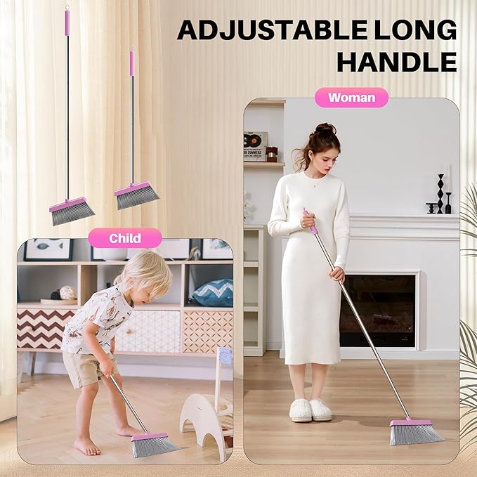 JOYMOOP Pink Broom and Dustpan Set, Upright Angle with Built-in Comb Teeth for Kitchen, Lobby, Pet Hair and Hard Floors-Ruum Studio Home