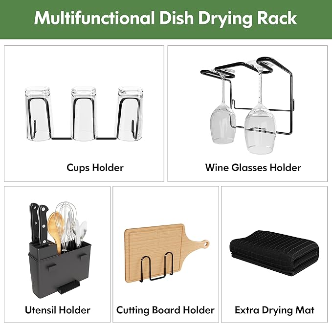 2 Tier Black Large Stainless Steel Dish Drainers Drying Rack for Kitchen Counter with Drainboard, Rust Proof Metal, Space Saving, Modern Aesthetic, Compact Plates Strainers with Extra Mat-Ruum Studio Home