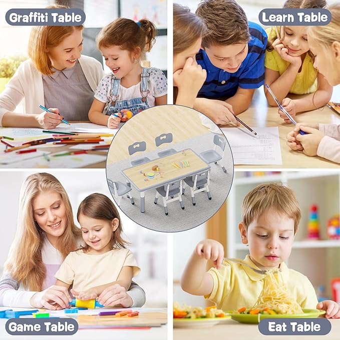 Brelley Kids Table and 6 Chairs Set, Height Adjustable Toddler Desk and Chair Set, Graffiti Desktop, Classroom/Daycare/Home, Children Multi-Activity Table for Ages 2-8-Ruum Studio Home