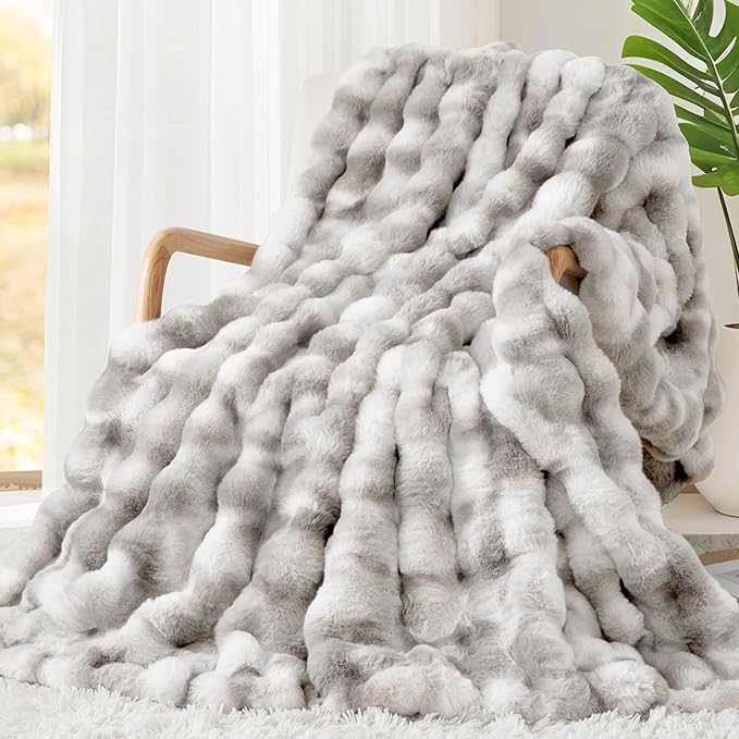 Touchat Luxury 1000GSM Rabbit Faux Fur Blanket, Super Heavy Warm Cozy Brown Blankets for Couch Bed Sofa, Ruched Plush Fuzzy Elegant Soft Reversible Mink Blanket Living Room Bedroom, 90" x 90"-Ruum Studio Home