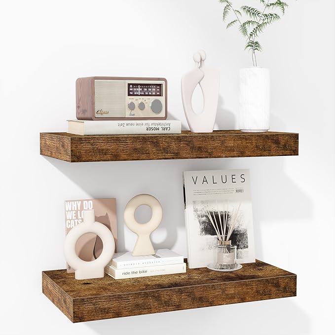 Fun Memories 16 Inch Floating Shelves - Deep Rustic Wooden Wall Shelves - Extra Deeper & Thicker Wall Mounted Storage Shelf for Bedroom, Kitchen, Farmhouse - 2 Pack, Rustic Brown-Ruum Studio Home