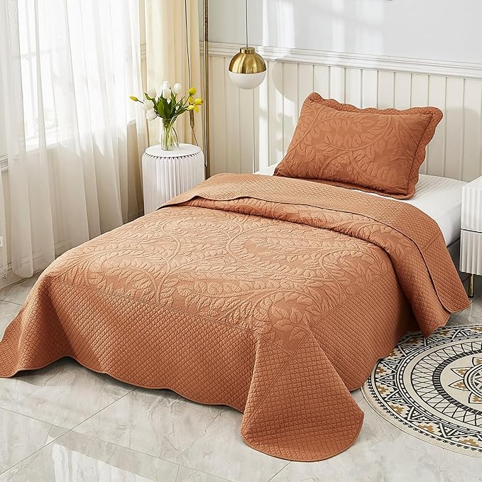 MarCielo 3-Piece 100% Cotton Oversized Bedspread Lightweight Quilt Coverlet Embroidery Farmhouse Bedding Set T0 (Royal Orange, Twin (68"x86"))-Ruum Studio Home