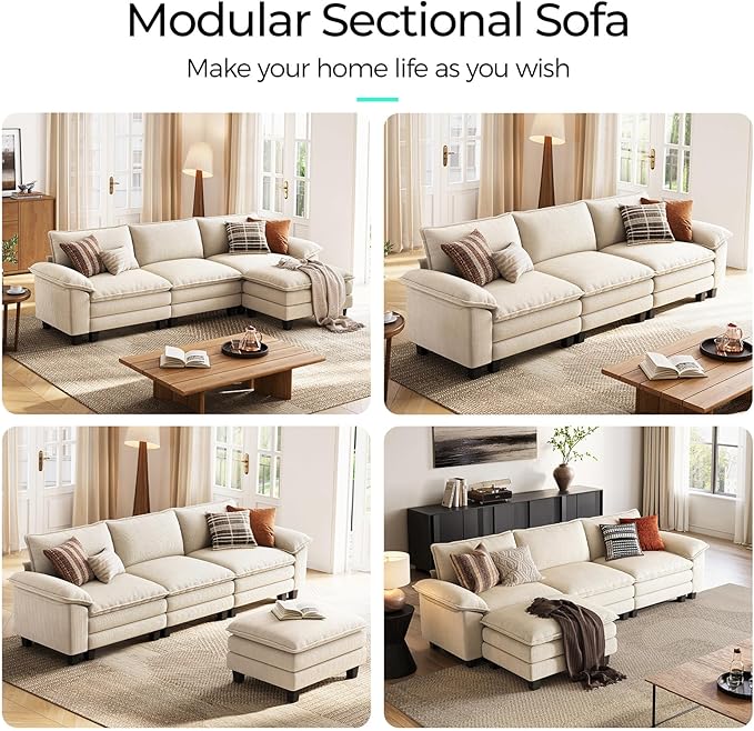 LINSY HOME Modular Sectional Sofa - 123'' Comfy Corduroy Cloud Sofa Oversized L Shaped Couch with Movable Ottoman, Soft Modern Sofa for Living Room Apartment, Beige-Ruum Studio Home