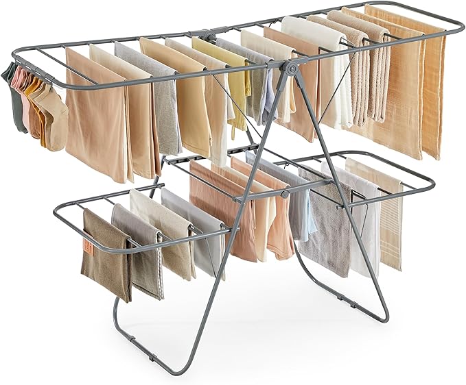 SONGMICS Clothes Drying Rack, Foldable 2-Level Laundry Drying Rack, Free-Standing Laundry Airer, with Height-Adjustable Wings, 33 Drying Rails, Sock Clips, Gray ULLR053G02V1-Ruum Studio Home