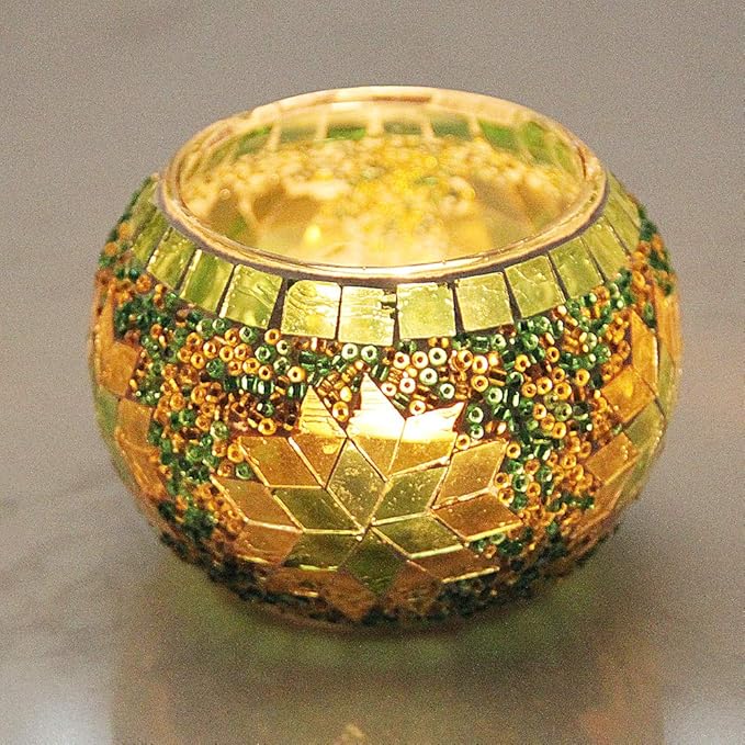 SHMILMH Votive Candle Holder Set of 4, Diwali Decoration for Home, Handmade Mosaic Glass Tealight Candle Holders for Table Centerpiece Decor,Diwali Thanksgiving-Ruum Studio Home
