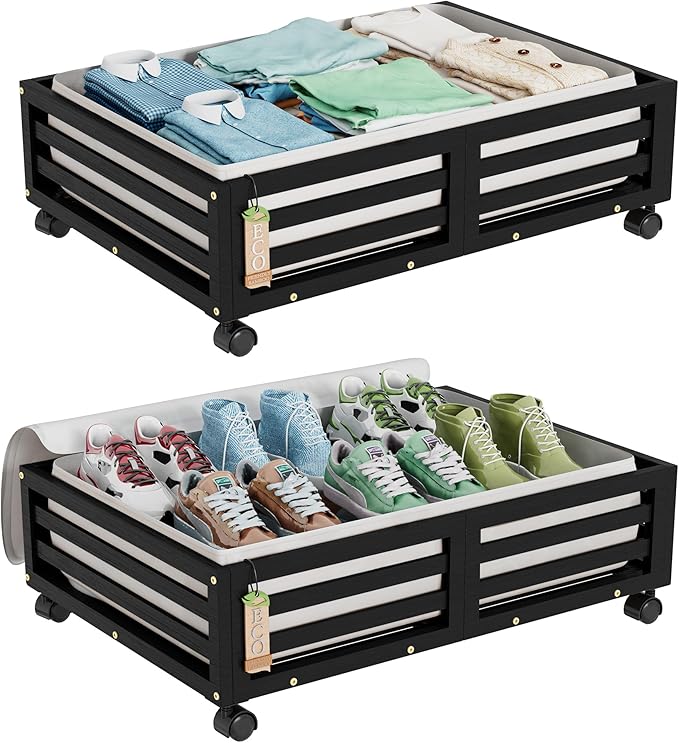 Bamboo Under Bed Storage Containers- Underbed Organizer with Wheels with Large Dust Bag,Sturdy Wood Rolling Under the Bed Shoe Storage Organizer Drawer 2 Pack-Ruum Studio Home