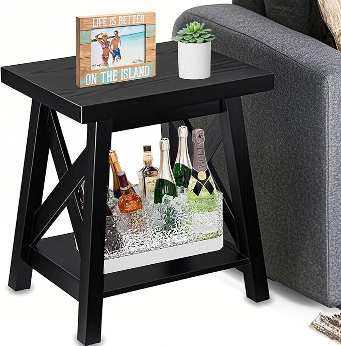 Black End Table, 2-Tier End Tables Living Room, Wood Side Table, Modern Side Table-Ruum Studio Home