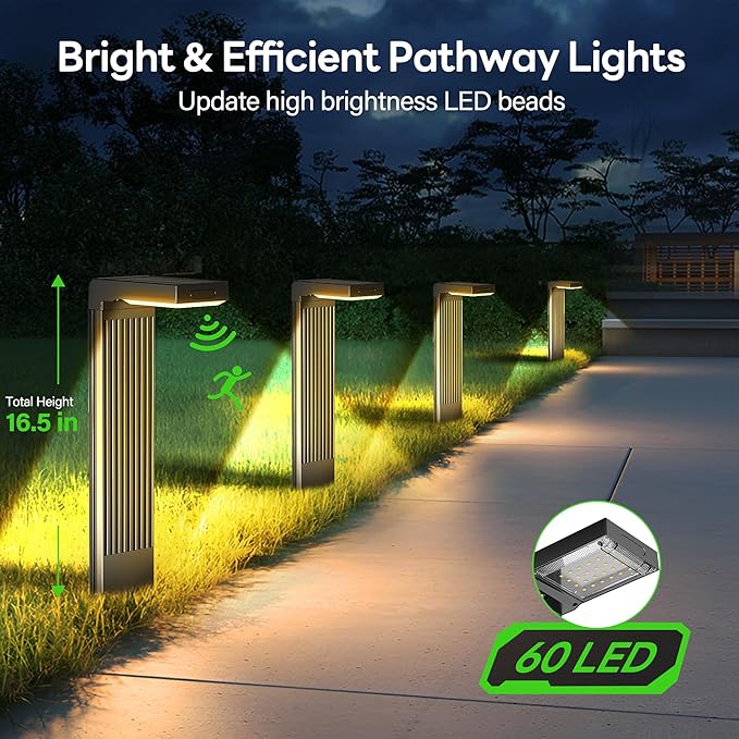 Solar Pathway Lights Outdoor 4Pack, 400LM Motion Sensor Walkway Lights with Warm/Cool White, 12H Lasting, IP65 Waterproof Solar Powered Landscape Lighting for Garden, Yard-Ruum Studio Home