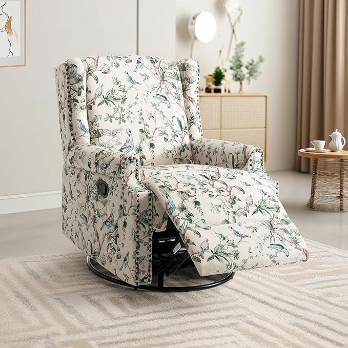 UIXE Swivel Rocker Manual Recliner Chair, Wingback Swivel Glider Fabric Nursery Reclining Sofa Chair, High Back Upholstered Arm Chair for Living Room Bedroom - Bird Pattern-Ruum Studio Home