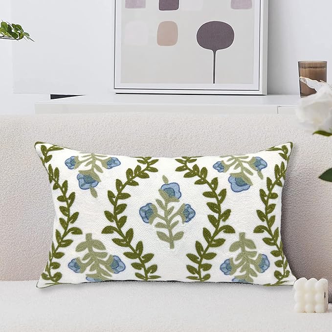 Alysheer Summer Floral Embroidered Decorative Throw Pillow Cover 12"x 20", Farmhouse Blue Flowers Green Leaves Patterned Cotton Canvas Lumbar Cushion Case for Sofa Couch Living Room Cottage Decor-Ruum Studio Home