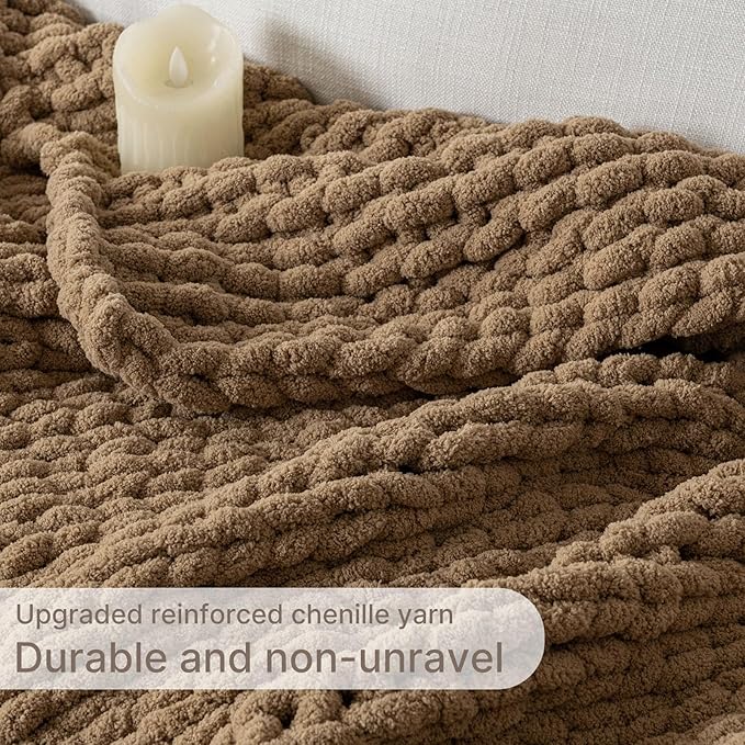 Chunky Knit Blanket Throw, 100% Hand Knit Throw Blanket Handmade Chenille Cable Knit Throw for Couch, Stylish Cozy Soft Rope Knot Crochet Blanket for Home Decor, Camel, 50x60 Inches-Ruum Studio Home