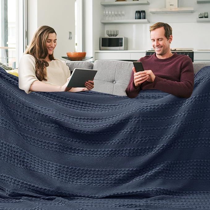 PHF 100% Cotton Waffle Blanket Oversized King 120"x120", Lightweight Breathable Extra Large 10'x10' Summer Blankets for Bed, Giant Big Luxury Aesthetic Woven Bedding for Home Decor, Dark Navy-Ruum Studio Home
