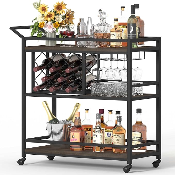 FATORRI Bar Cart for The Home with Wine Rack and Glasses Holder, Small Home Bar Serving Cart on Wheels for Liquor and Alcohol (Walnut Brown)-Ruum Studio Home