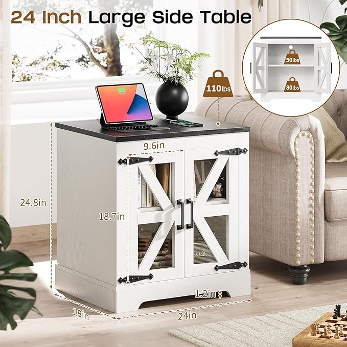 Farmhouse Side Table - 24" Large Night Stand Set 2, Wood Nightstand with Charging Station, Bedside Table with Adjustable Shelf, End Tables Living Room, Rustic Bed Side Tables Bedroom, White-Ruum Studio Home