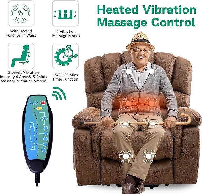 VIVIJASON Large Dual OKIN Motor Power Lift Recliner Chair for Elderly Big Man, 180° Lay Flat Electric Recliner with Heat & Massage, Infinite Position, 2 Remote Controls, Side Pockets & USB Port, Brown-Ruum Studio Home