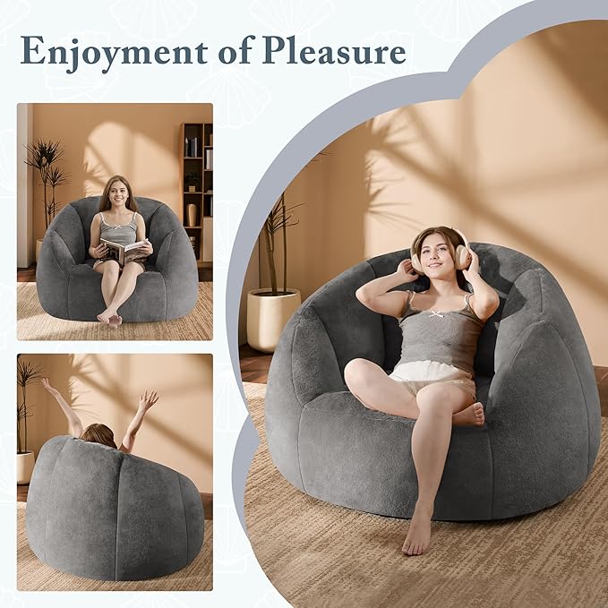 Giant Bean Bag Swivel Chair for Adults - Comfy Plush Round Shell Soft Accent Chaise Lounge Indoor Reading Chair, Oversized Cozy Floor Sofa for Living Room, Bedroom & Game Rooms, Dorm, Gray-Ruum Studio Home