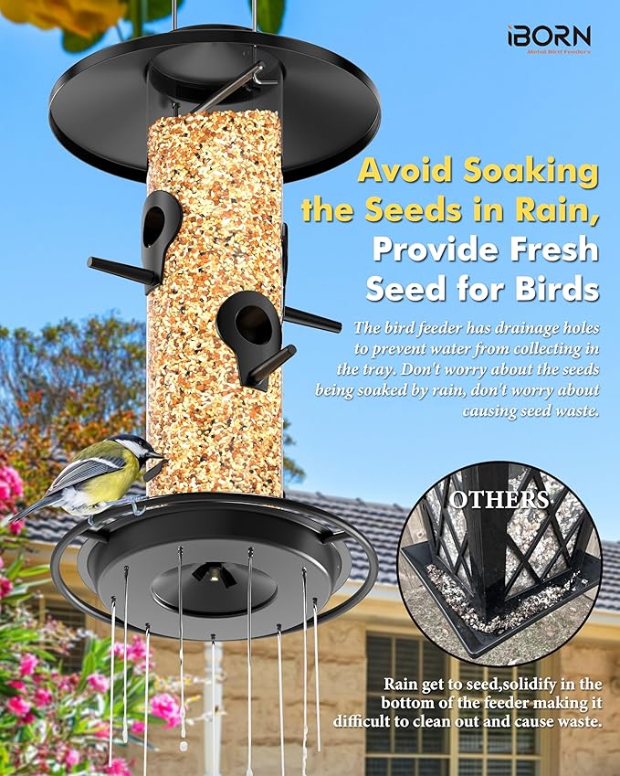 iBorn Metal Bird Feeders for Outdoors, 2LB Bird Seed Feeder 17cm Large Roof &Tray, 4 Feeding Ports, Black Finish-Ruum Studio Home
