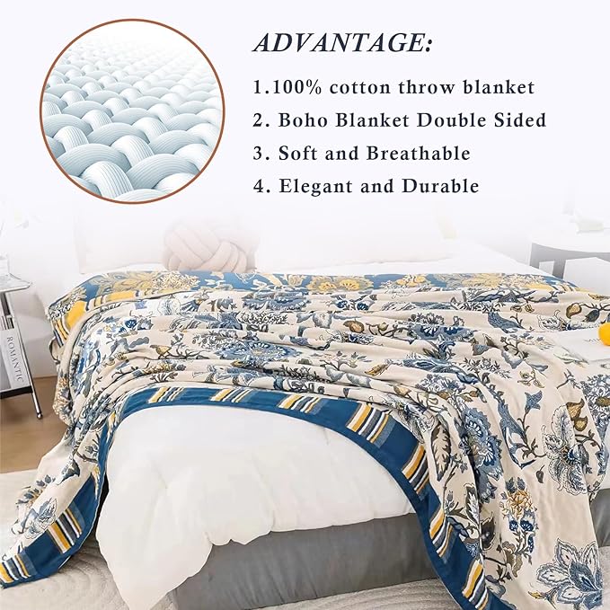 Snycler Boho Throw Blanket for Bed - 100% Cotton Ultra Soft Rustic Quilt - White Blue Floral Printed Farmhouse Decor Bed Blankets, 80"×90" All Season Rustic Throw for Sofa Couch Chair-Ruum Studio Home