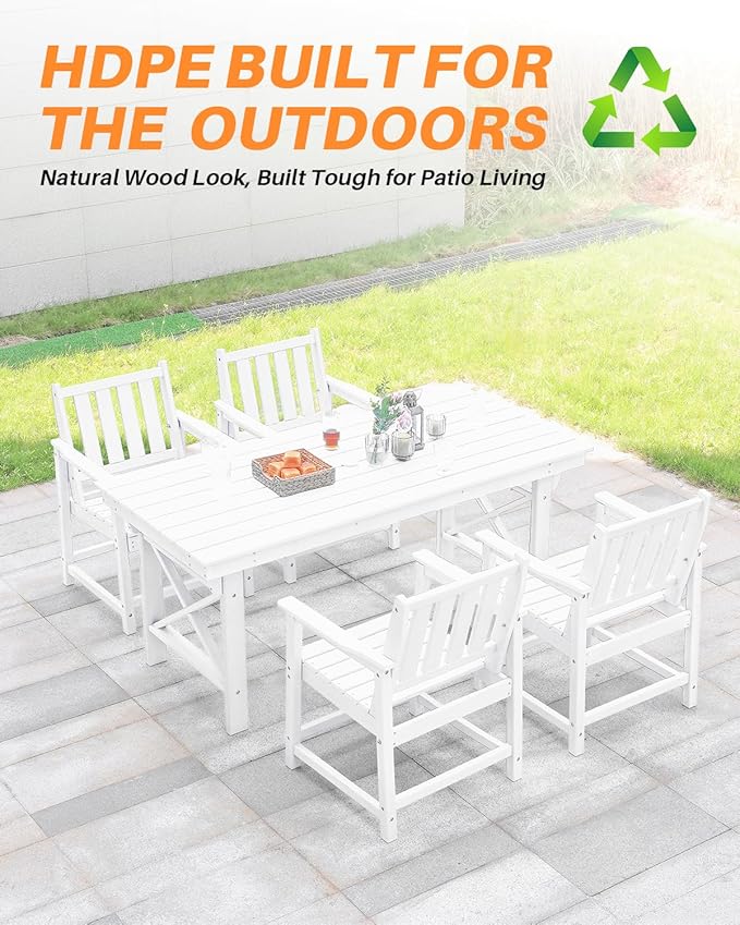 HDPE Outdoor Dining Table, 66.9” Rectangle Patio Dining Table for 6, All-Weather HDPE Outdoor Table with 2.2” Umbrella Hole, HDPE Patio Furniture for Deck, Backyard, Garden, Pool, Pearl-Ruum Studio Home