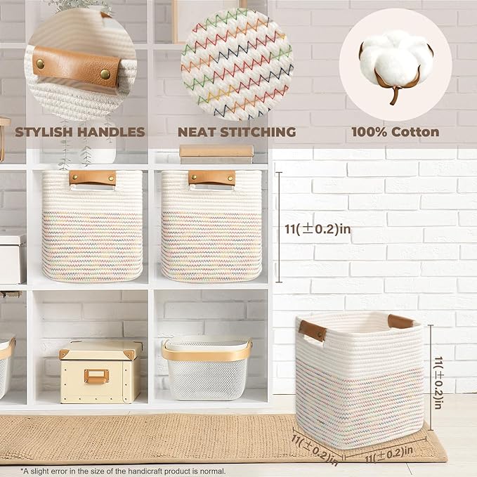 danpinera 11"x11" Storage Cubes, Soft Boho Storage Basket with Neat Stitching, 3-Pack Cube Storage Organizer, Woven Baskets for Storage in Living Room, Kids Room, Bedroom, Rainbow-Ruum Studio Home