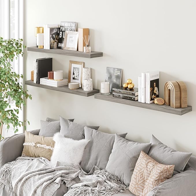 BAMEOS Floating Shelves, Walnut Wall Mounted Wooden Shelves with Invisible Brackets Set of 3, Hanging Wall Shelves Decoration for Bedroom, Bathroom, Living Room and Kitchen-Ruum Studio Home