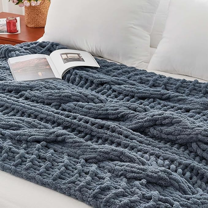 Esterra Chunky Knit Blanket Throw 50"x60", 100% Hand Knitted Chenille Throw Blanket, Cozy Soft Thick Cable Knit Throw Large Rope Knot Crochet Throw Blanket for Sofa Couch Bed, Blue Mirage-Ruum Studio Home