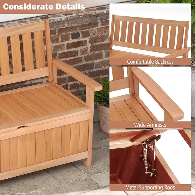 Tangkula 48 Inch Outdoor Wood Storage Bench Deck Box, Wooden Storage Loveseat with 34.2 Gal Inner Space, Entryway Bench Deck Box with Slatted Backrest, Storage Seat for Garden, Lawn, Balcony & Porch-Ruum Studio Home