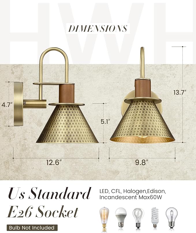 Antique Brass Wall Sconce, HWH Gooseneck Barn Wall Light Fixtures, 1-Light Single Wall Vanity Light, Farmhouse Wall Lamp for Bedroom Bedside Kitchen Hallway, Hammered Metal Shade, 5HZG74B-L BG-Ruum Studio Home