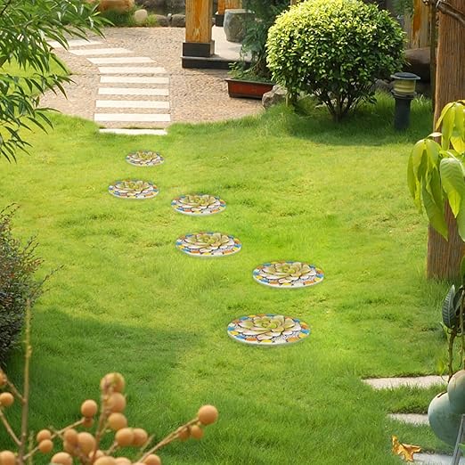 Succulent Pattern Cement Stepping Stones - Outdoor Pavers for Walkway, Multicolored Decorative Stone for Garden, 0.75 x 10 x 10 Inch-Ruum Studio Home