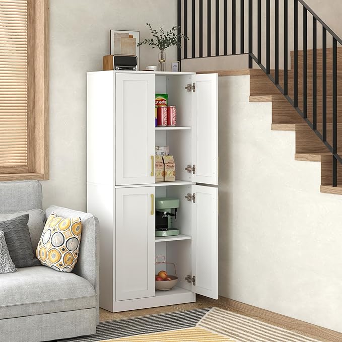 Storage Cabinet, Kitchen Pantry with Doors & Shelf, Tall Storage Cabinet for Bathroom, Living Room, Entryway,White-Ruum Studio Home