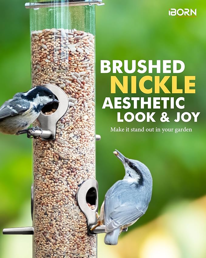 iBorn Metal Bird Feeders 6 Ports Hanging Wild Bird Seed Feeder for Mix Seed Blends, Niger Seed Feeder, Sunflower Heart, Birdbath, Heavy Duty All Metal Nickle Finishing 14 Inch 6Port-Ruum Studio Home