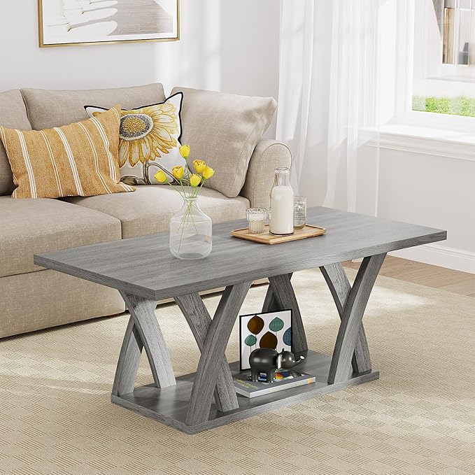 47” Wood Coffee Tables for Living Room Rustic Stands with Storage Shelf Grey Coffee Tables for Living Room Farmhouse Center Stands with Shelf Farmhouse Rectangle Center Table-Ruum Studio Home