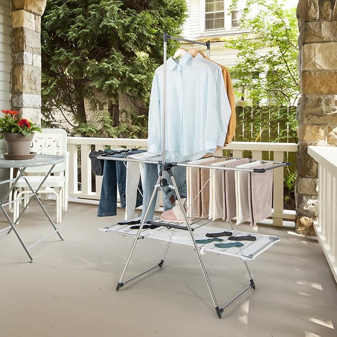 Tangkula Foldable Clothes Drying Rack, 2-Tier Laundry Drying Rack w/Tall Hanging Bar, Height Adjustable Gullwing, Freestanding Garment Stand for Indoor Outdoor Use-Ruum Studio Home