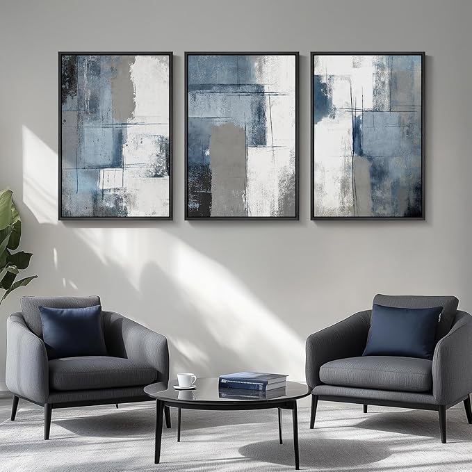 Large Framed Navy Blue and Grey Abstract Wall Art for Living Room, 3 Piece Modern Canvas Prints Paintings Artwork for Walls, Minimalist Abstract Pictures Wall Decor for Hallway Office Bedroom 24x36 In-Ruum Studio Home