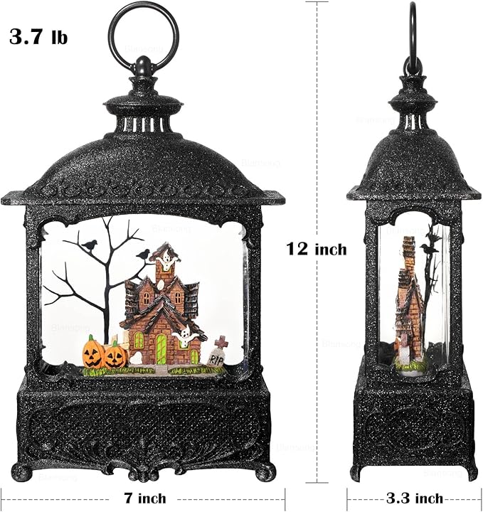Halloween Snow Globe Lantern Ghost Snow Globe Halloween Decorations for Home Haunted House Pumpkin Ghost Tree Crow Rip Dancing Bats with Timer, USB and Battery Powered 12 inch-Ruum Studio Home