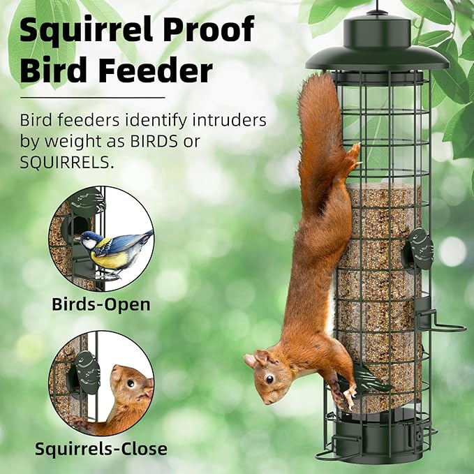 Squirrel Proof Bird Feeder,Metal Mesh Bird Feeders for Outdoors Hanging,Gravity Protection Squirrel Proof Wild Bird Feeders with Finch Cardinal Chickadee,3LB Large Capacity,Green-Ruum Studio Home